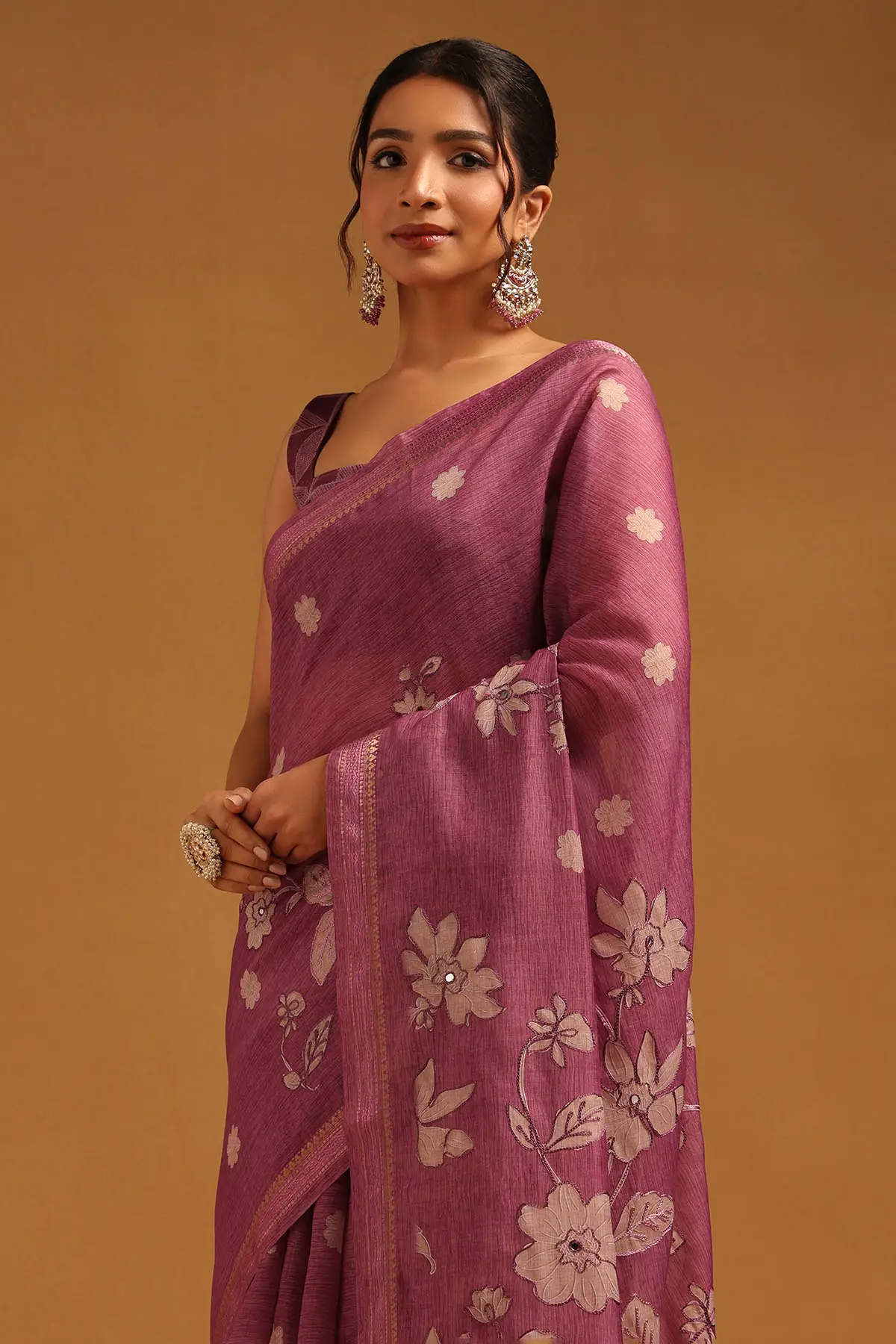 Lavender Poly Silk Floral Embroidered Saree